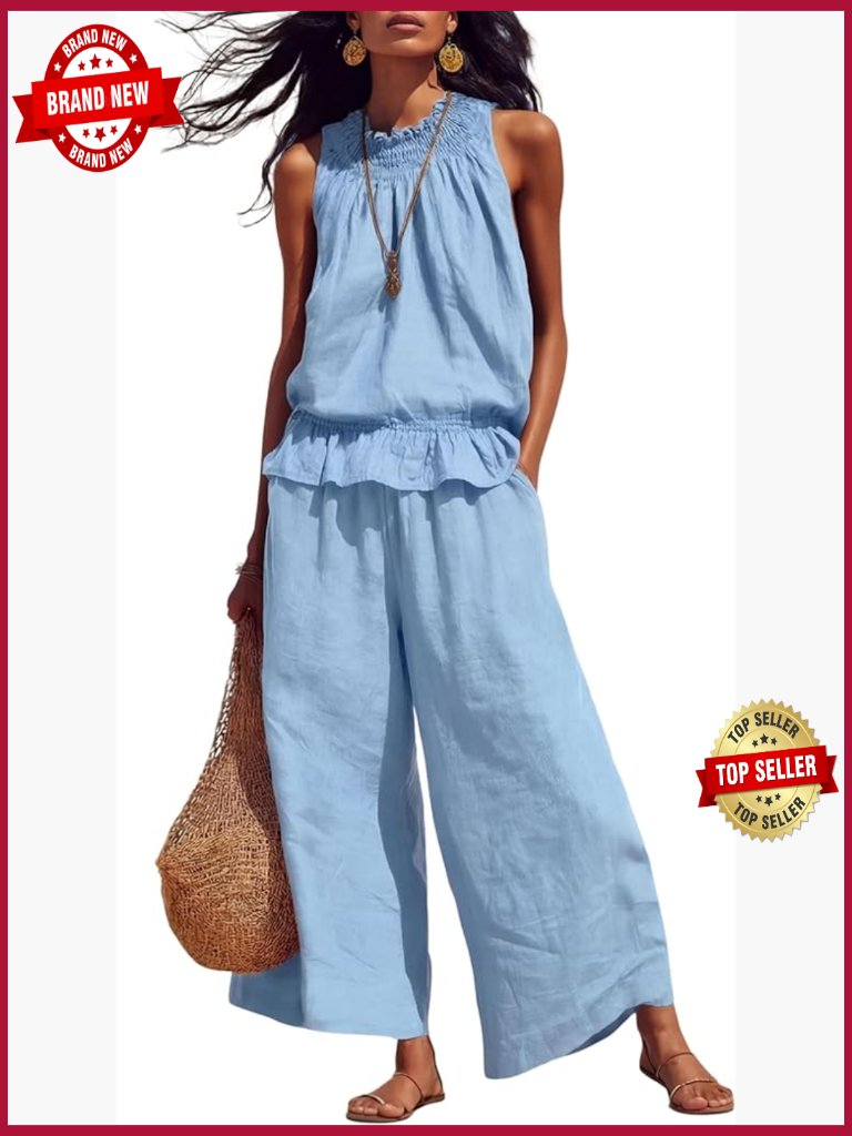 Sleeveless Ruffle Top Wide Leg Pants 2 Piece Linen Set Loungewear Travel
